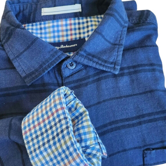 TOMMY BAHAMA mens flannel plaid long sleeve button-up size large blue flip cuff - Picture 1 of 7